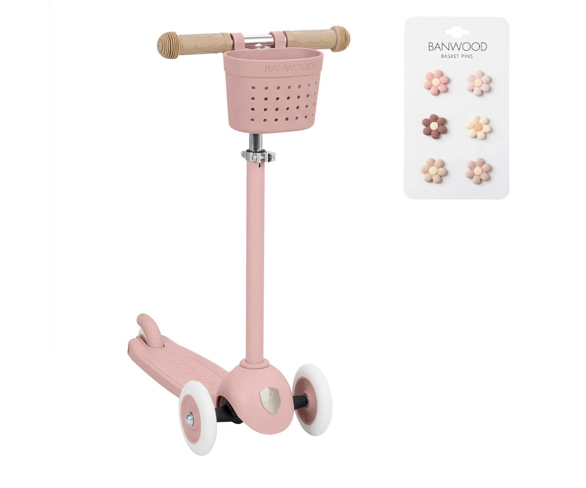Monopattino Banwood Eco+Cestino Pin & Ride Dusty Rose e Pin Flowers