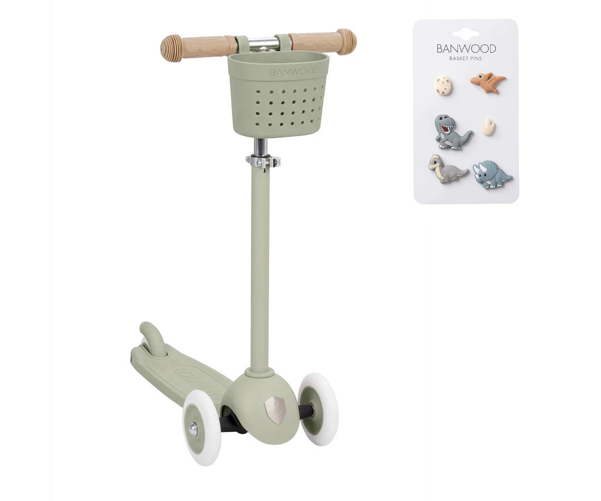 Patinete Banwood Eco + Cesta Pin & Ride Olive y Pines Dinosaurios
