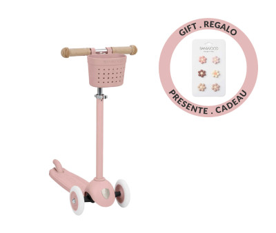 Patinete Banwood Eco + Cesta Pin & Ride Dusty Rose y Pines Flores