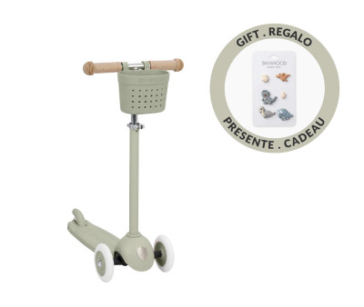 Patinete Banwood Eco + Cesta Pin & Ride Olive y Pines Dinosaurios