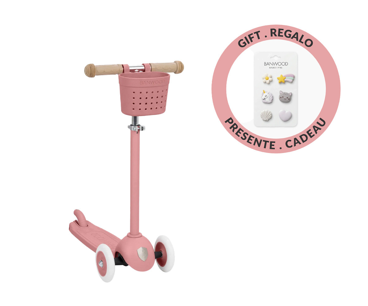 Eco Scooter Banwood + Cesta Pin & Ride Raspberry