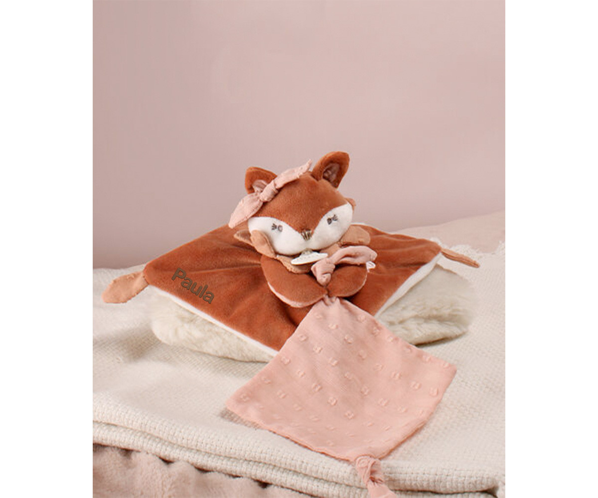 Caja Regalo Doudou Personalizable Zorro Mina con Sujetachupetes