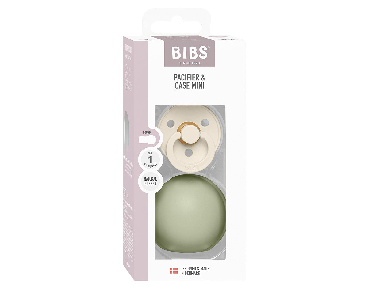 Chupete BIBS Colour Round Latex Ivory + Portachupetes Mini Sage