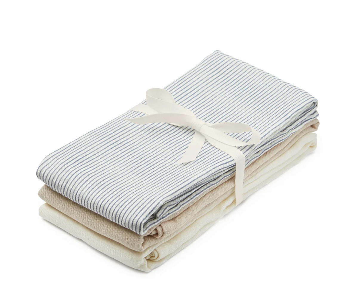 Pack de 3 Muselinas Gots Classic Stripes Azul, Praliné, Blanco Crema