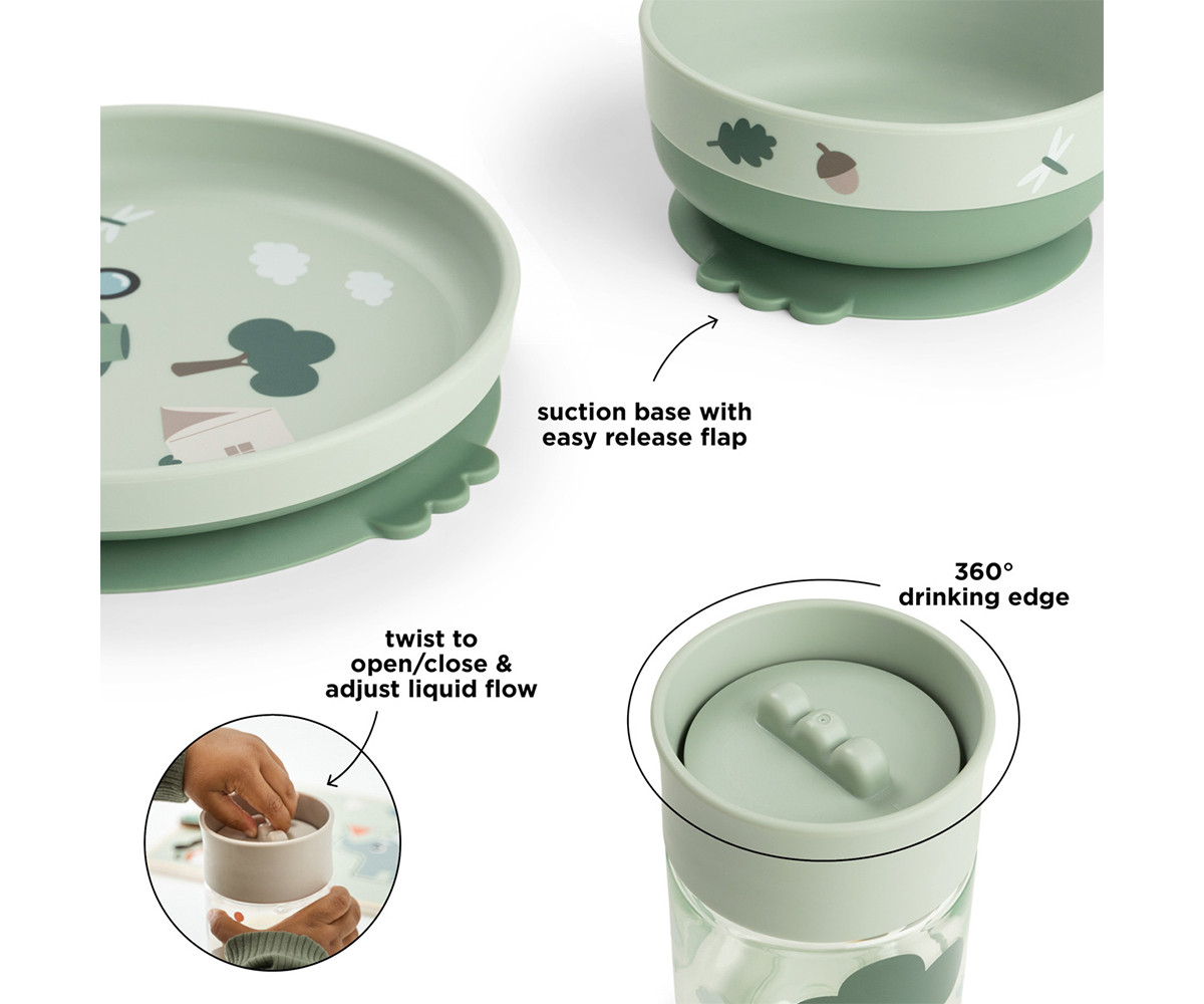 Vajilla Foodie con Plato, Bowl Ventosa y Vaso 360 Tiny Trails Green