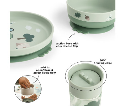 Vajilla Foodie con Plato, Bowl Ventosa y Vaso 360 Tiny Trails Green